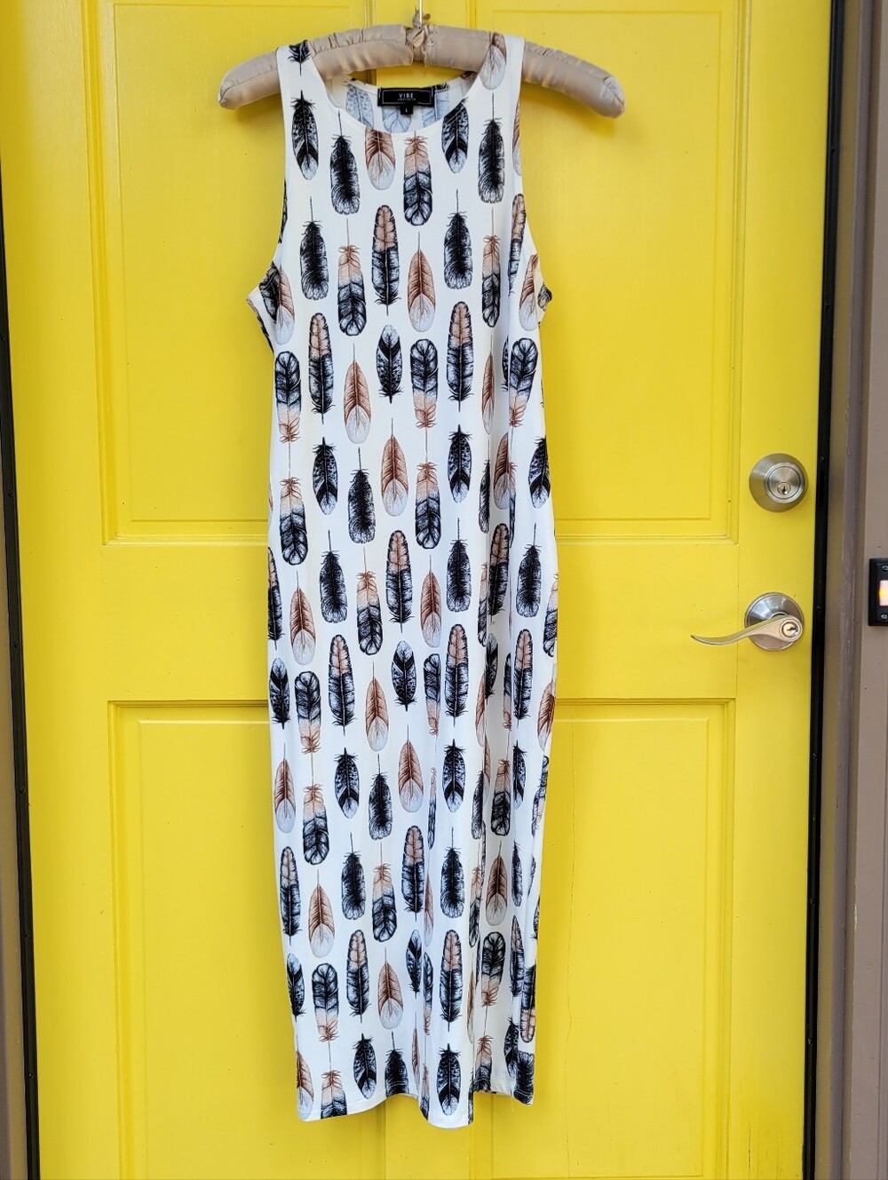 Vibe Sportswear Feather Print Maxi Dress Large Boho Sleeveless Stretch